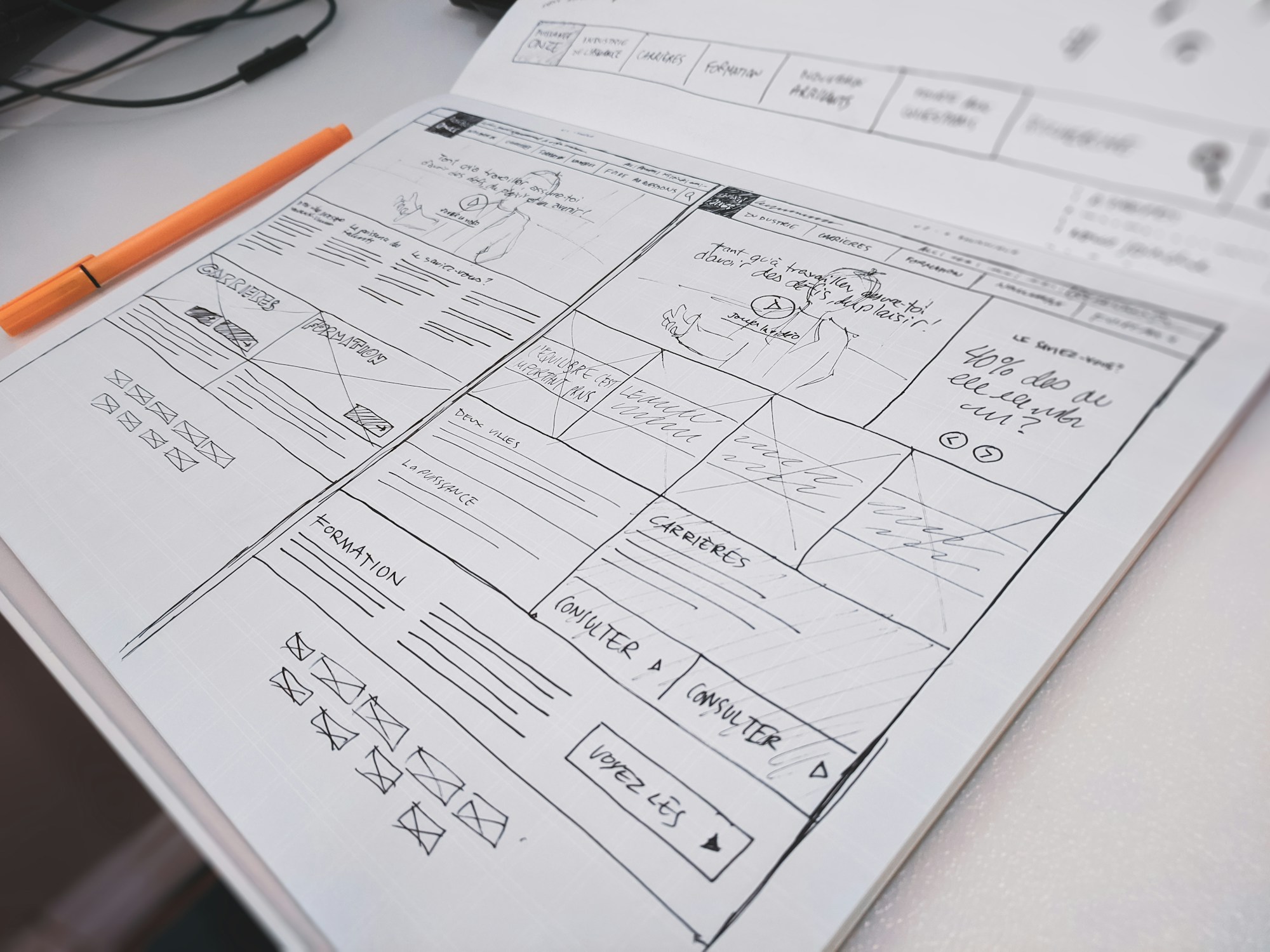 A website wireframe sketched on paper